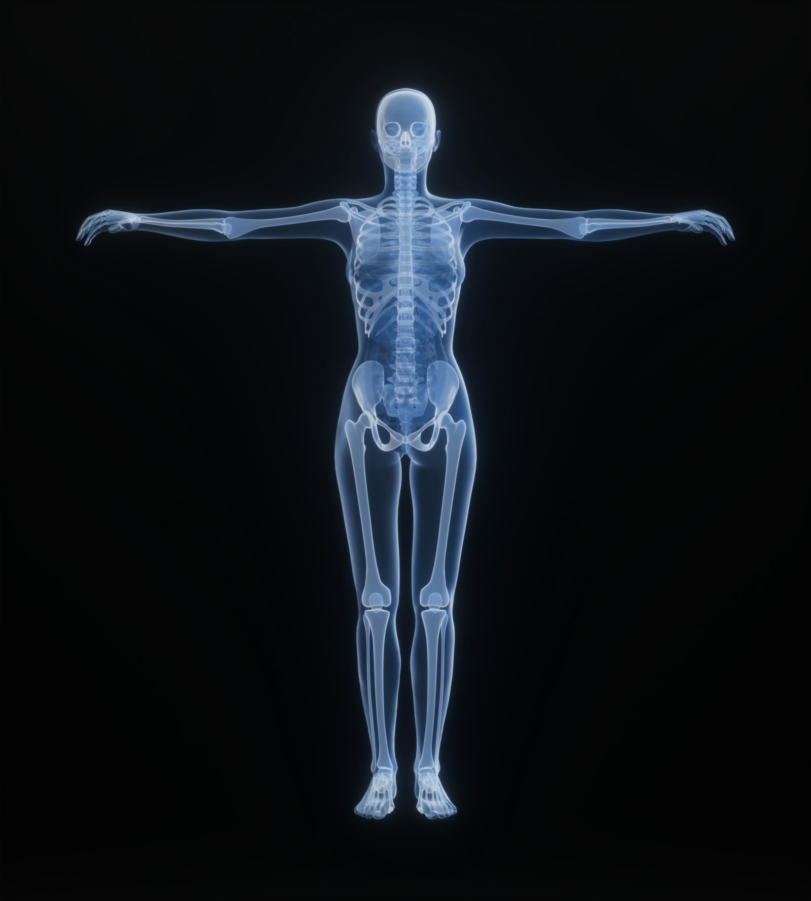 Glowing X-ray illustration of a full human skeleton